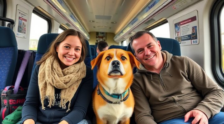 A family sitting together with their medium-sized dog on an Amtrak train, enjoying the journey