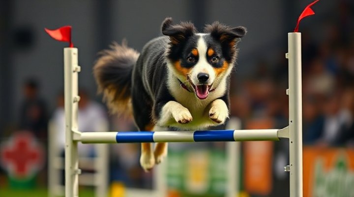 Border collie expertly jumping through an agility hoop