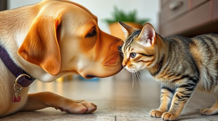A curious dog carefully meeting a cat for the first time