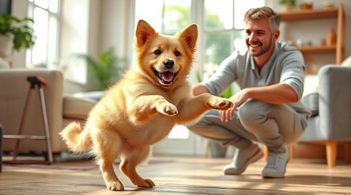 A cute golden retriever puppy excitedly peeing while greeting its owner