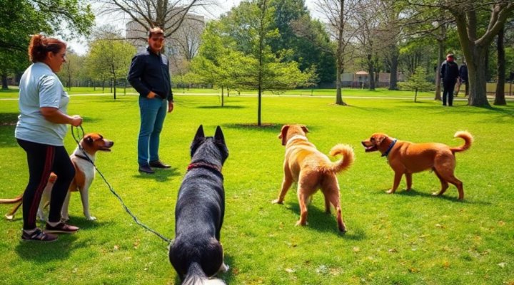 Multiple dogs practicing heel training in a group class
