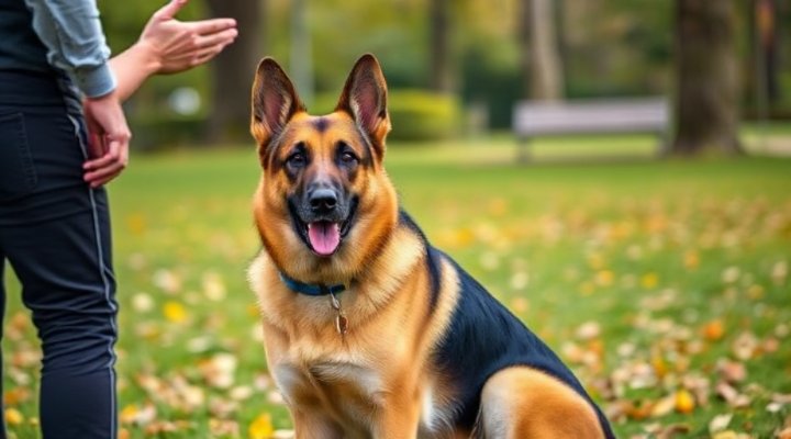 A German Shepherd following commands during training
