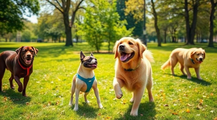 A happy golden retriever playing with other dogs in a park