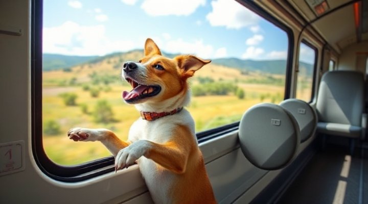 A dog happily looking out the train window