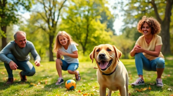 A Labrador Retriever playing with a family in the park