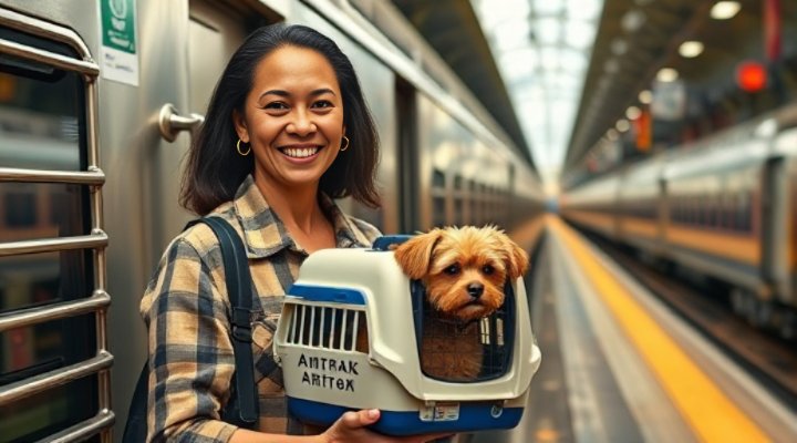 A smiling woman holding a small dog in a carrier while boarding an Amtrak train
