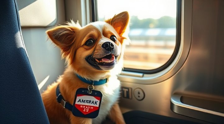 A happy small dog sitting comfortably on an Amtrak train seat