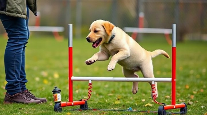 Small puppy being trained to jump appropriately