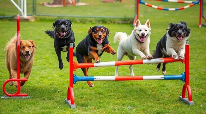 Multiple dogs of different breeds jumping over obstacles in an agility course