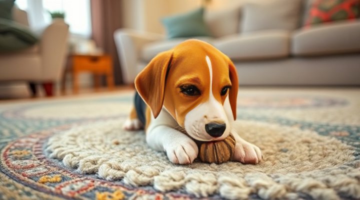 A small dog playing with toys in a relaxed home setting, showing calm behavior.