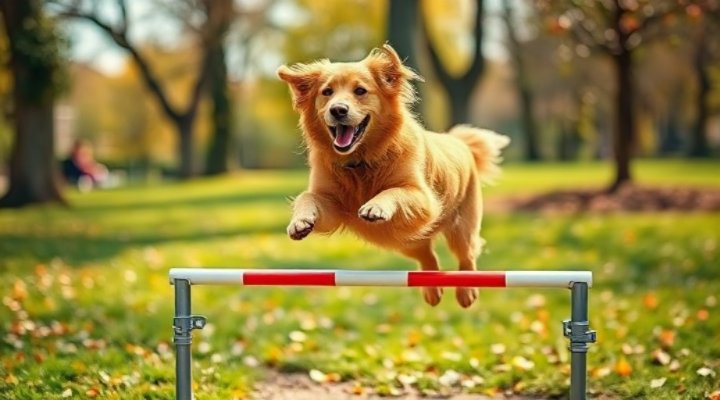 A golden retriever happily jumping over a small hurdle in a park