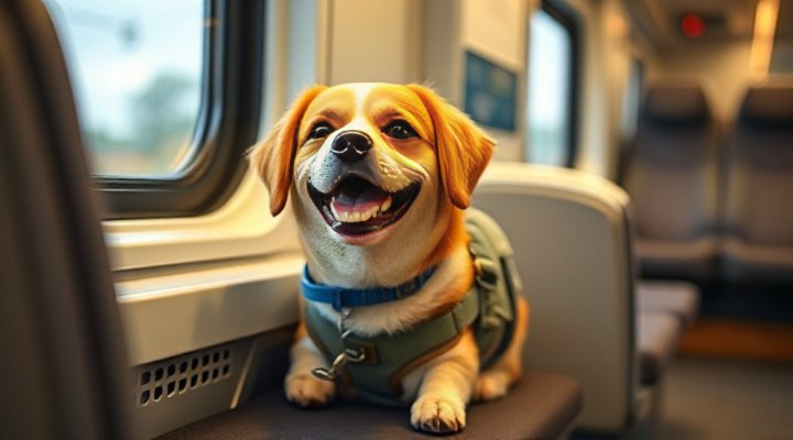 A cheerful dog sitting comfortably on an Amtrak train seat