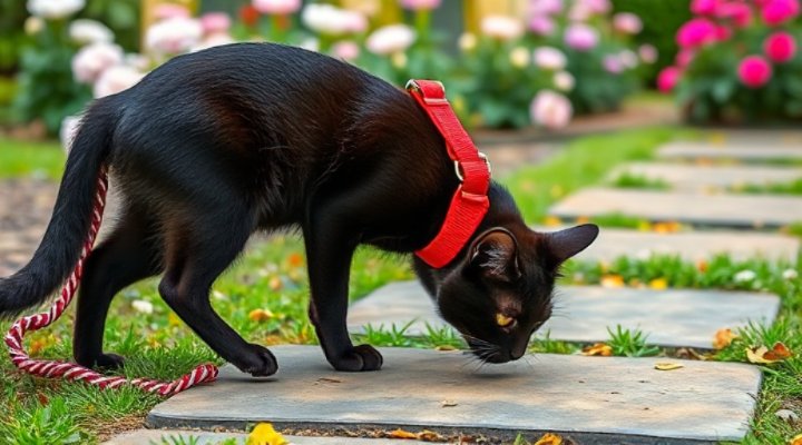A black cat exploring a garden path while on a leash
