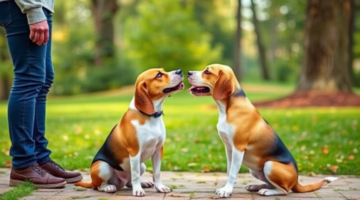 Owner calmly greeting a sitting dog to prevent excited peeing