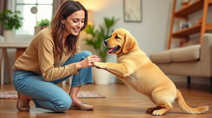 A woman gently preventing her excited puppy from jumping up