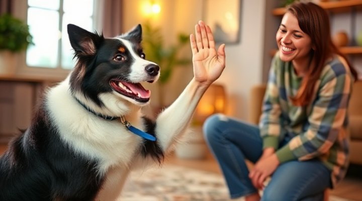 A happy dog giving a high five to its owner
