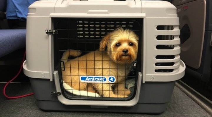 A dog in an approved Amtrak pet carrier