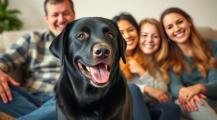 A Labrador Retriever sitting with a happy family