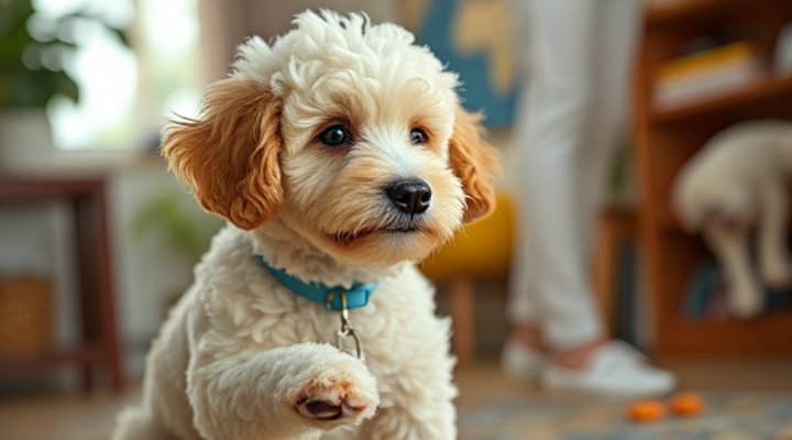 A Poodle puppy learning basic commands