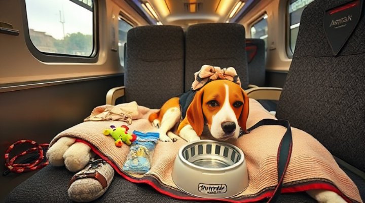 A relaxed beagle lying on a blanket with travel essentials like water bowl and toys on an Amtrak train