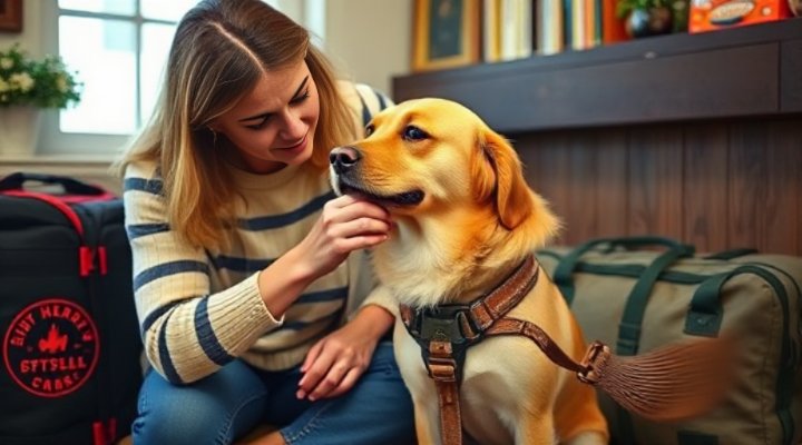 A woman preparing her dog for a train journey