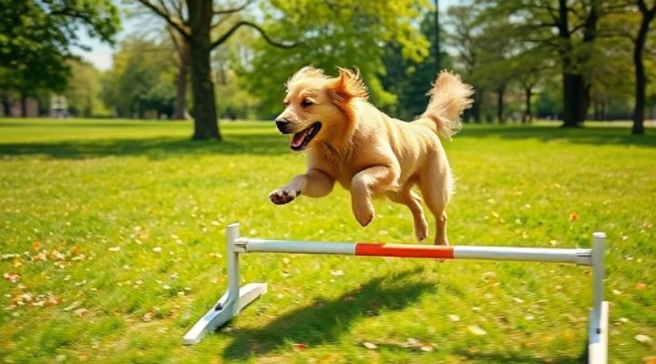 A golden retriever joyfully jumping over a small hurdle in a sunny park