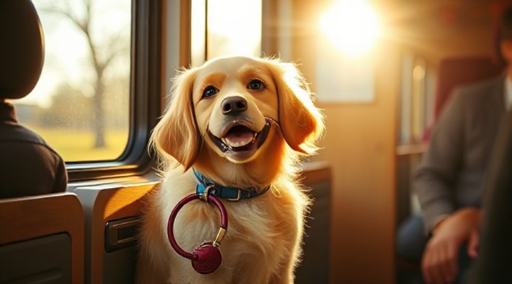 A happy golden retriever sitting comfortably on a train seat, looking out the window