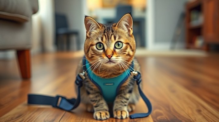 A curious tabby cat wearing a blue harness and leash, looking ready for a walk