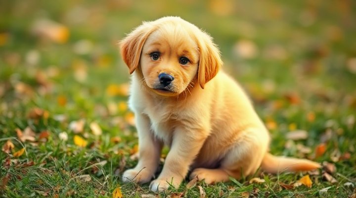 A cute Golden Retriever puppy sitting and looking at the camera