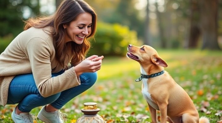 A happy owner rewarding their dog with treats for good behavior, reinforcing positive actions.