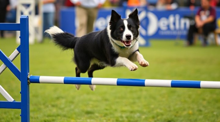 Border collie successfully jumping over an agility hurdle