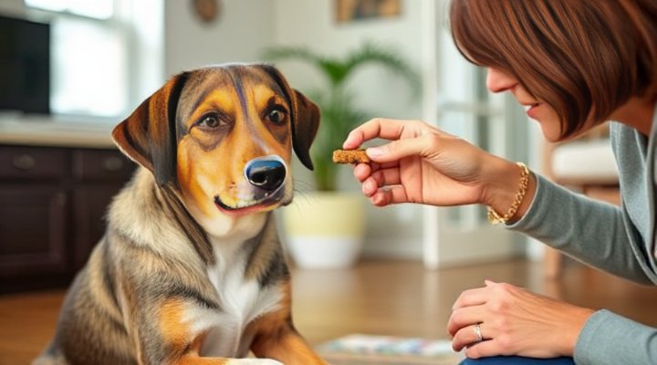 Owner rewarding dog for calm behavior with treats