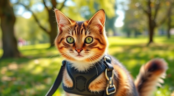 A cute tabby cat wearing a comfortable harness and leash, looking curious and ready for an adventure.