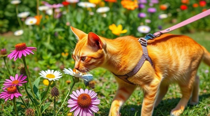 A happy orange cat exploring a garden on a leash, sniffing flowers and enjoying the sunshine.