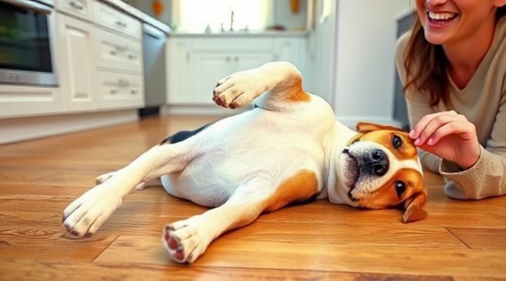 A clever dog playing dead on command