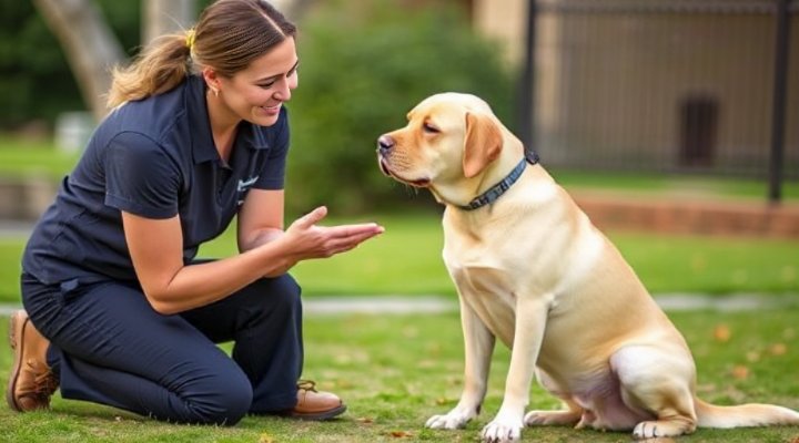 A trainer teaching a calm dog to sit and stay, demonstrating positive reinforcement techniques.