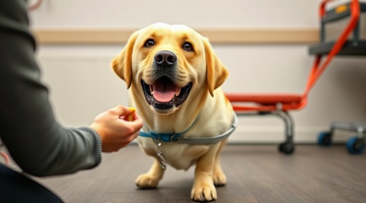 A trainer rewarding a Labrador service dog with a treat