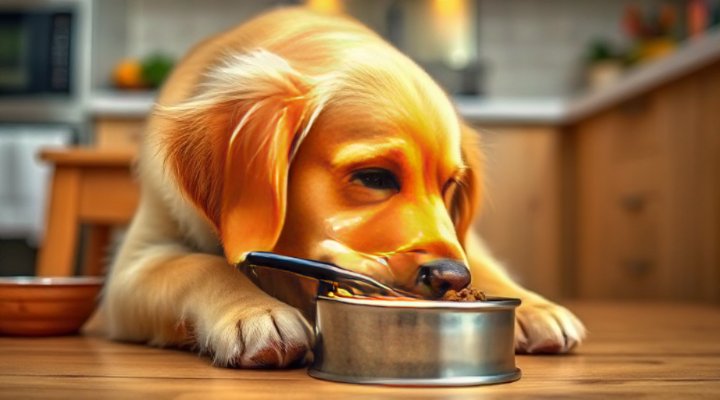 A happy golden retriever enjoying a bowl of Farmer