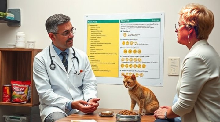 Veterinarian explaining cat food choices to pet owner