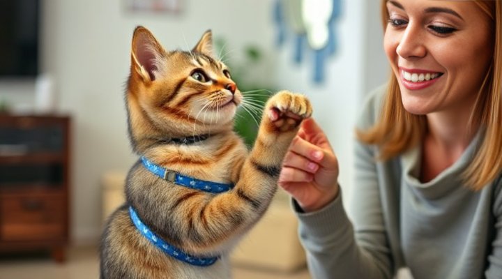 A tabby cat touching a target stick during clicker training