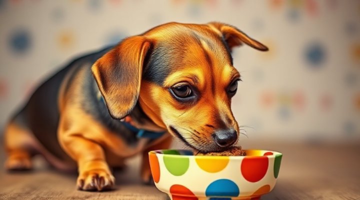 A small dog happily eating from its bowl