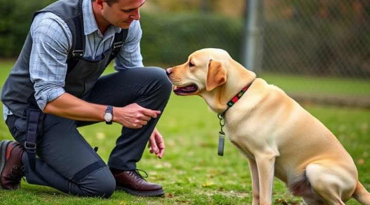 A trainer working one-on-one with a Labrador retriever
