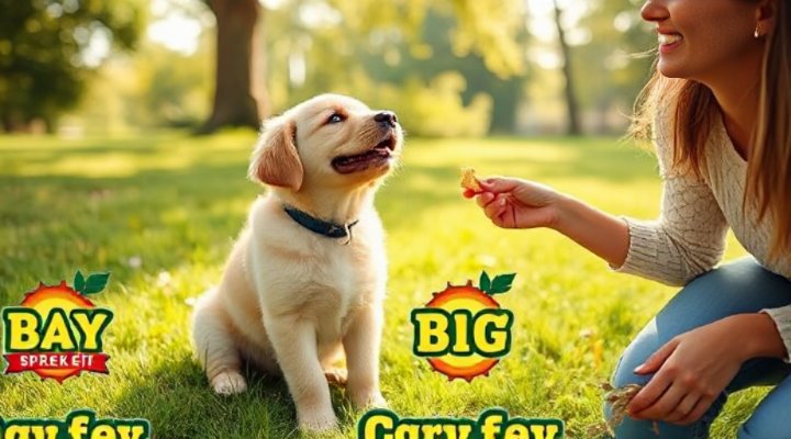 A golden retriever puppy sitting and looking attentively at its owner during a training session
