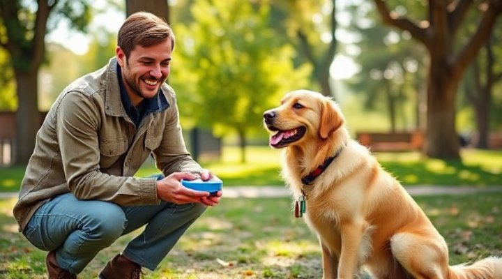 A happy golden retriever sitting with a friendly trainer during a training session