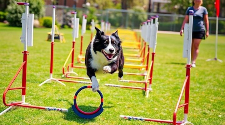 A border collie successfully completing an agility course obstacle