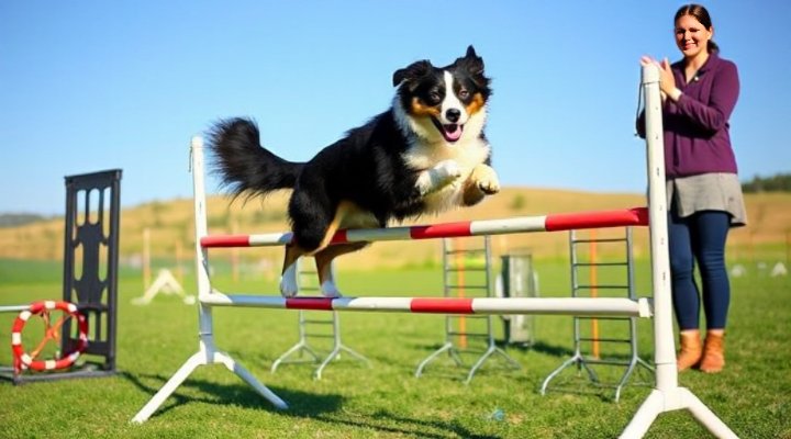 A border collie expertly navigating an agility course with its owner cheering nearby