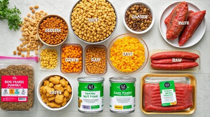 Different types of dog food laid out for comparison