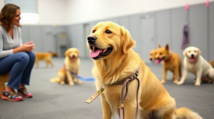 A golden retriever happily participating in a dog training session
