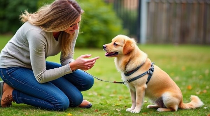 Close-up of a trainer working one-on-one with a small dog on basic commands