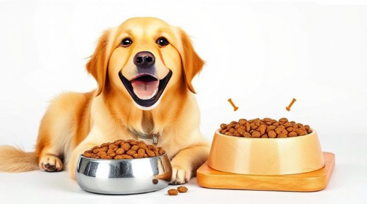 A happy golden retriever sitting next to a bowl of nutritious dog food